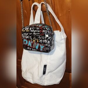 DKNY 2-Piece Set: Graffiti Crossbody Camera Bag & White Canvas Logo Tote Bundle